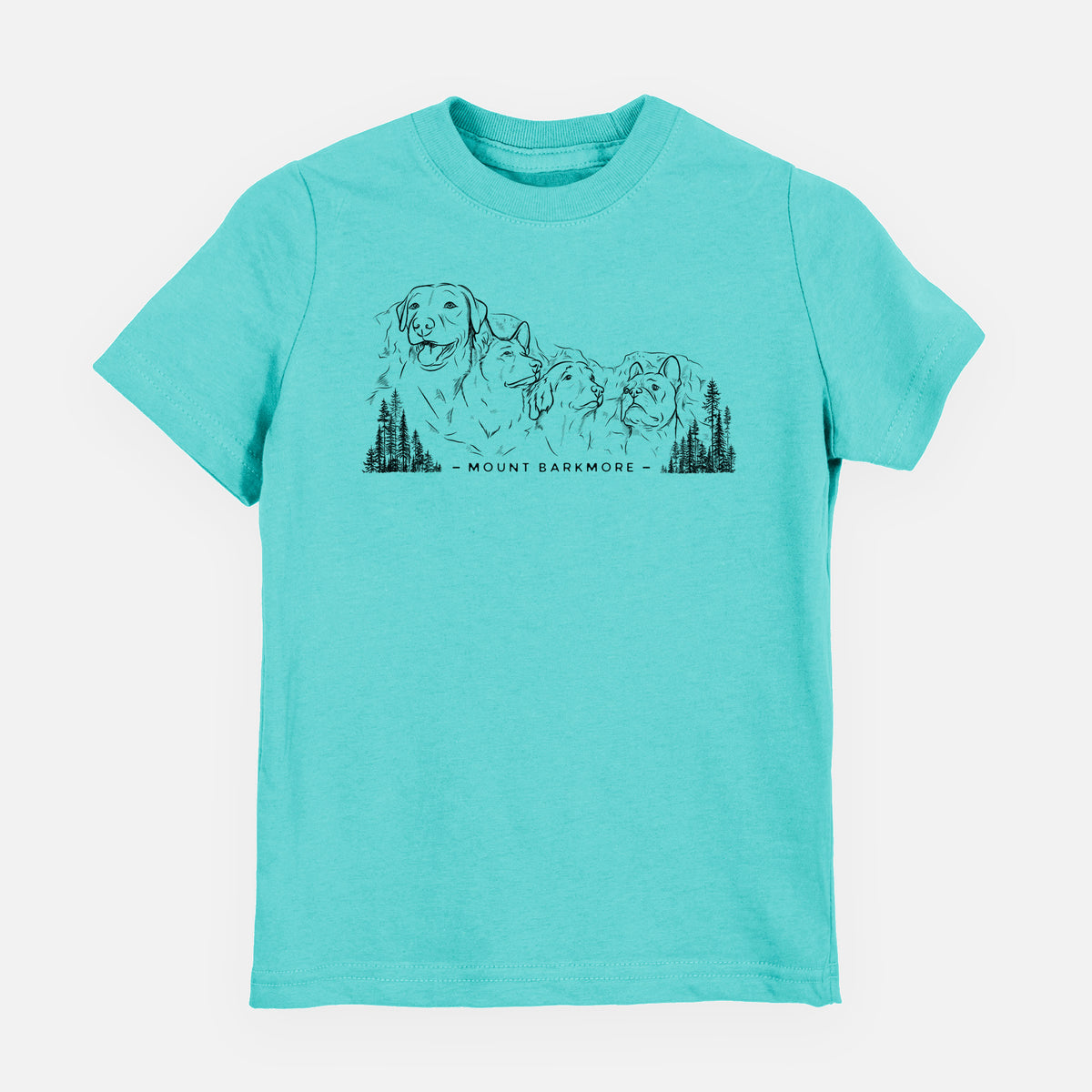 Caribbean blue youth t-shirt laid flat, printed with a black ink illustration of four dog faces carved into a mountain, with the words Mount Barkmore.