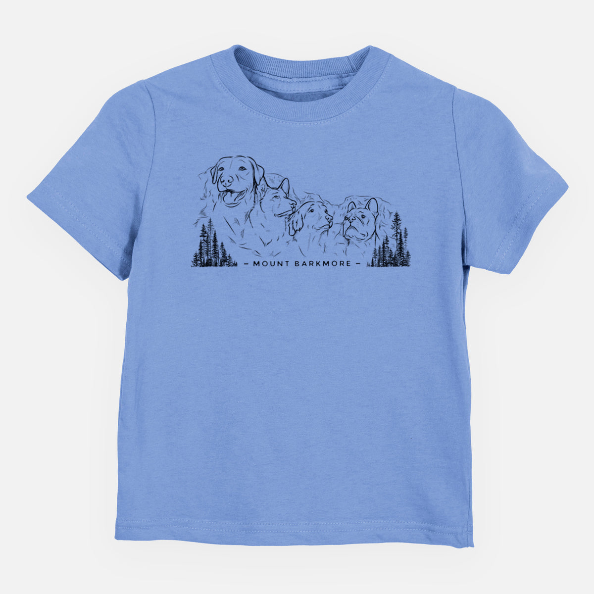 Carolina blue toddler t-shirt laid flat, printed with a black ink illustration of four dog faces carved into a mountain, with the words Mount Barkmore.