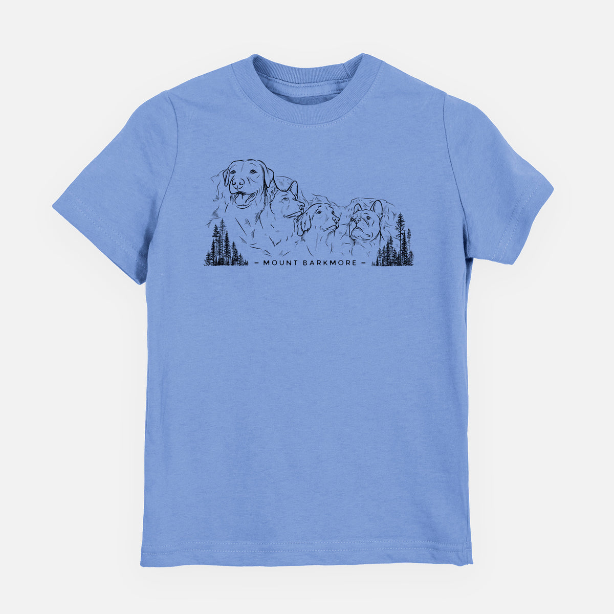 Carolina blue youth t-shirt laid flat, printed with a black ink illustration of four dog faces carved into a mountain, with the words Mount Barkmore.