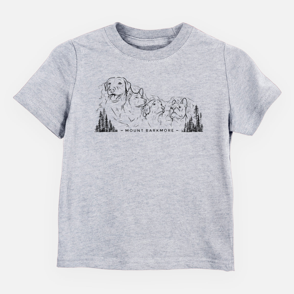 Heather grey toddler t-shirt laid flat, printed with a black ink illustration of four dog faces carved into a mountain, with the words Mount Barkmore.