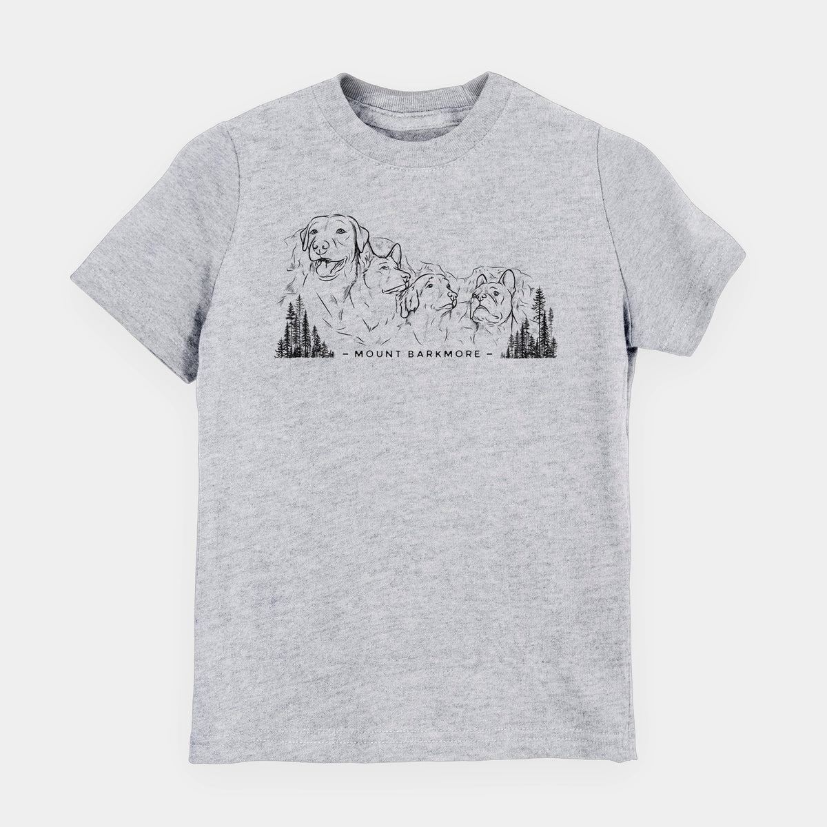 Heather grey youth t-shirt laid flat, printed with a black ink illustration of four dog faces carved into a mountain, with the words Mount Barkmore.