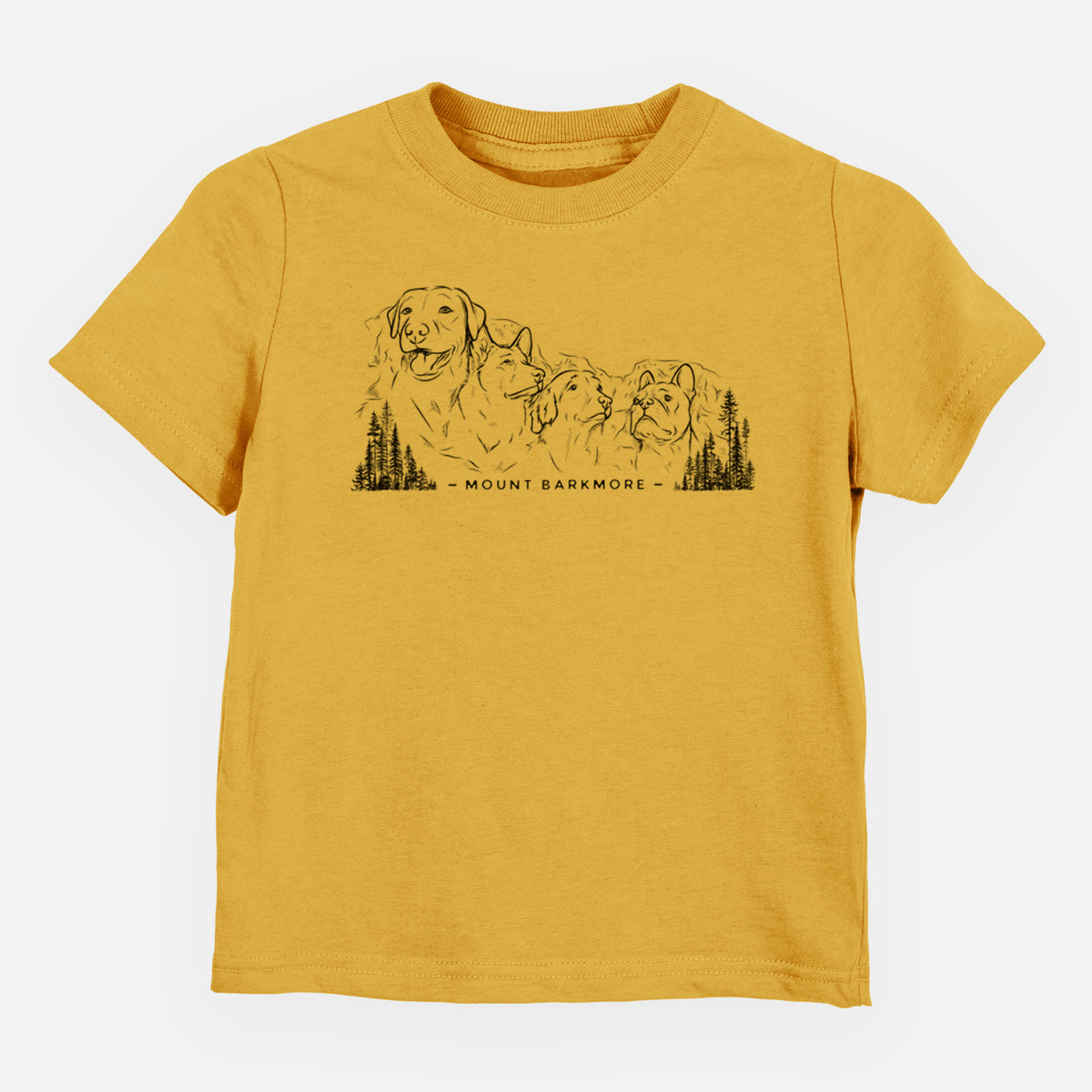 Honeycomb yellow toddler t-shirt laid flat, printed with a black ink illustration of four dog faces carved into a mountain, with the words Mount Barkmore.