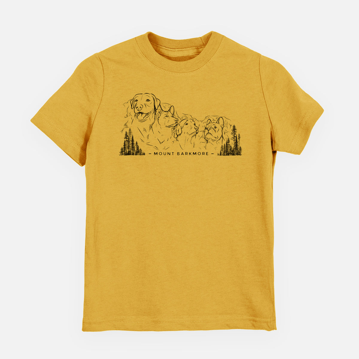 Honeycomb yellow youth t-shirt laid flat, printed with a black ink illustration of four dog faces carved into a mountain, with the words Mount Barkmore.