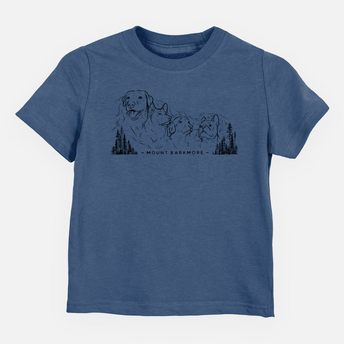 Indigo blue toddler t-shirt laid flat, printed with a black ink illustration of four dog faces carved into a mountain, with the words Mount Barkmore.