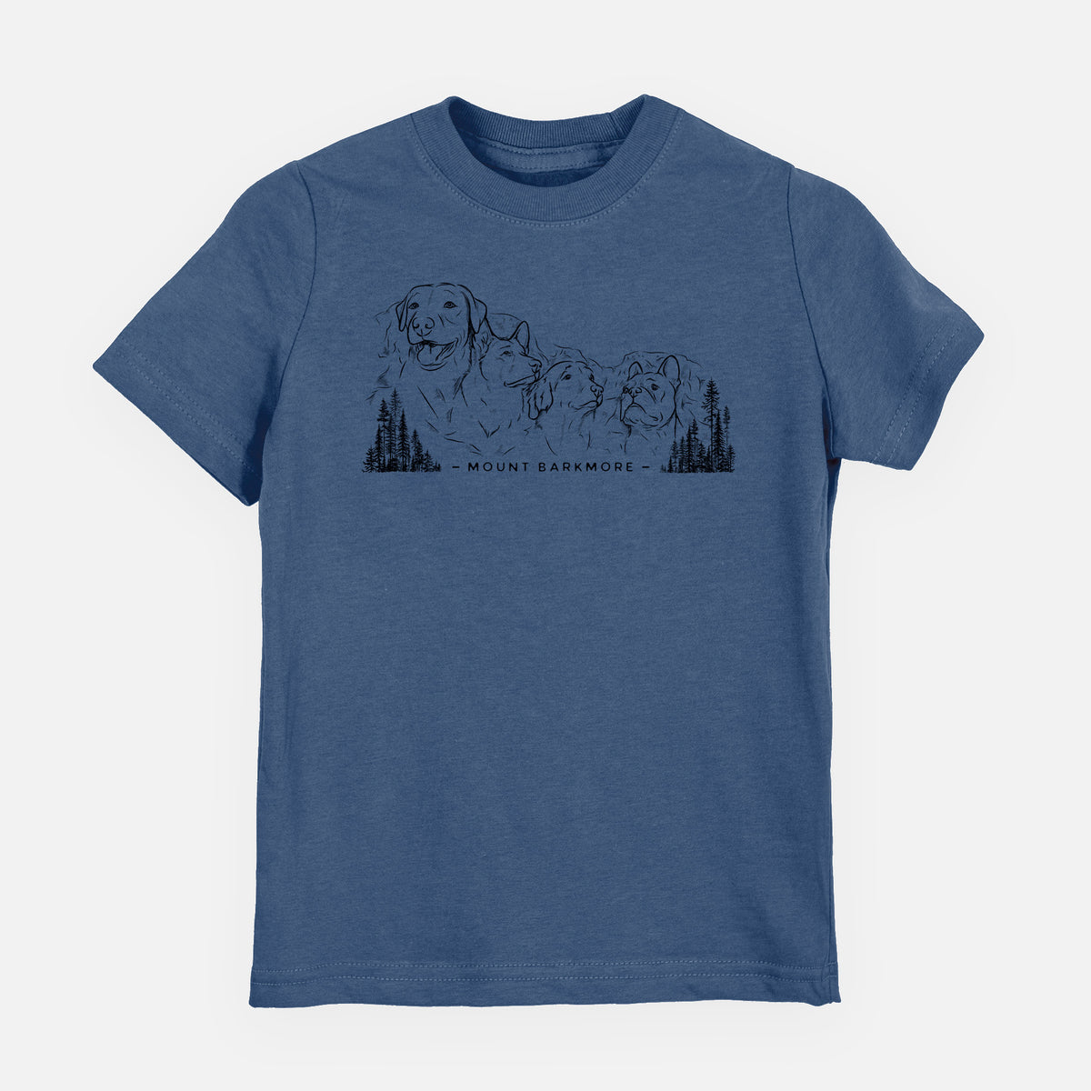 Indigo blue youth t-shirt laid flat, printed with a black ink illustration of four dog faces carved into a mountain, with the words Mount Barkmore.