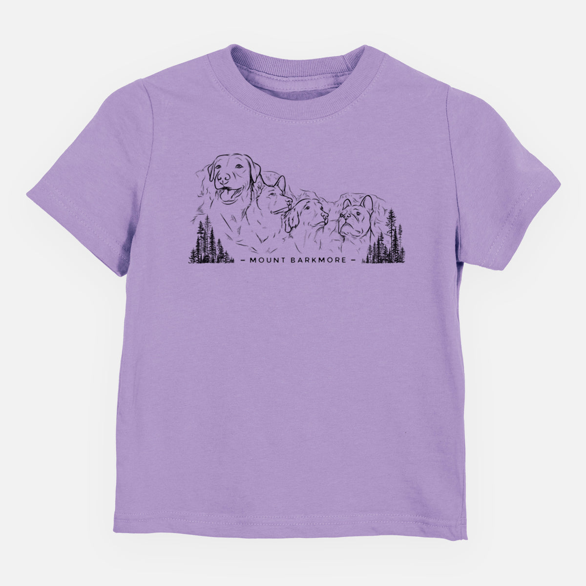Lavender toddler t-shirt laid flat, printed with a black ink illustration of four dog faces carved into a mountain, with the words Mount Barkmore.