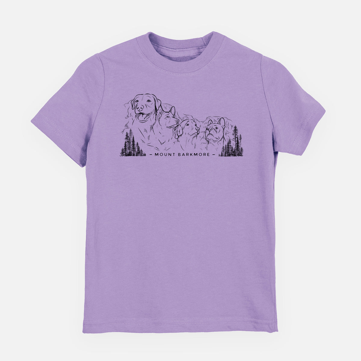 Lavender youth t-shirt laid flat, printed with a black ink illustration of four dog faces carved into a mountain, with the words Mount Barkmore.
