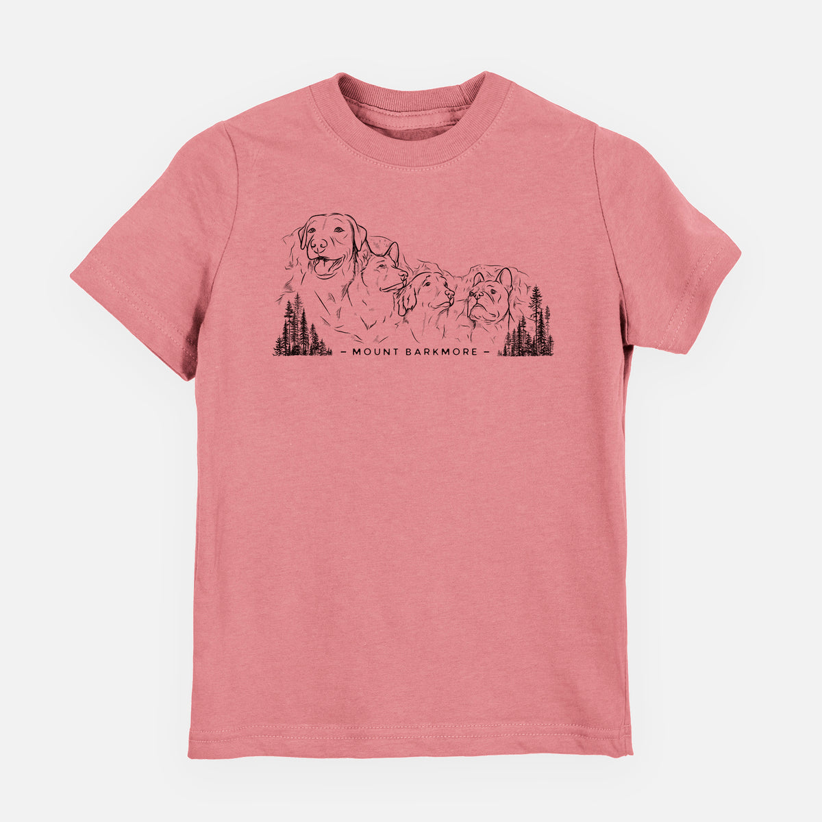 Mauve pink youth t-shirt laid flat, printed with a black ink illustration of four dog faces carved into a mountain, with the words Mount Barkmore.