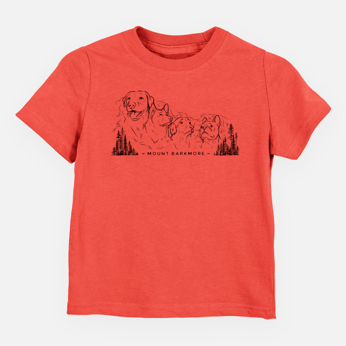 Passionfruit pink toddler t-shirt laid flat, printed with a black ink illustration of four dog faces carved into a mountain, with the words Mount Barkmore.