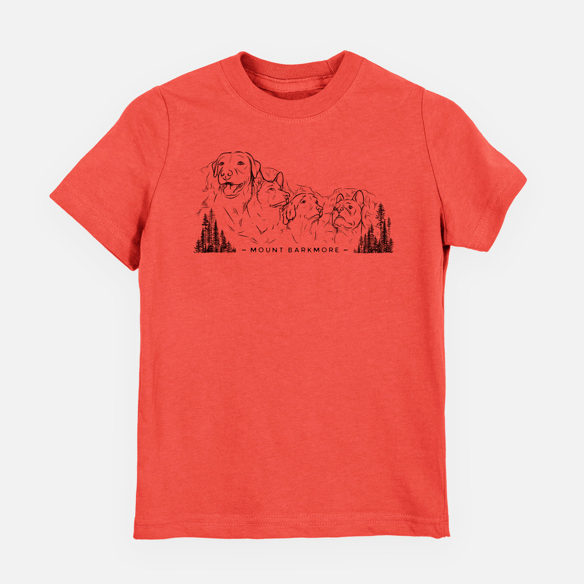 Passionfruit pink youth t-shirt laid flat, printed with a black ink illustration of four dog faces carved into a mountain, with the words Mount Barkmore.