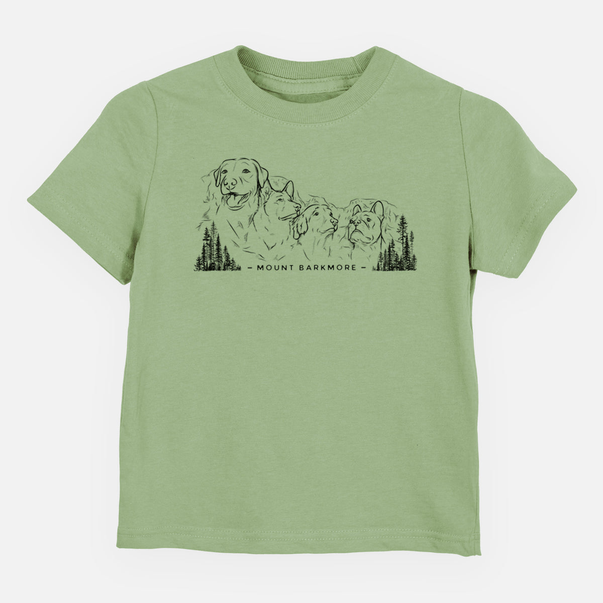 Sage green toddler t-shirt laid flat, printed with a black ink illustration of four dog faces carved into a mountain, with the words Mount Barkmore.