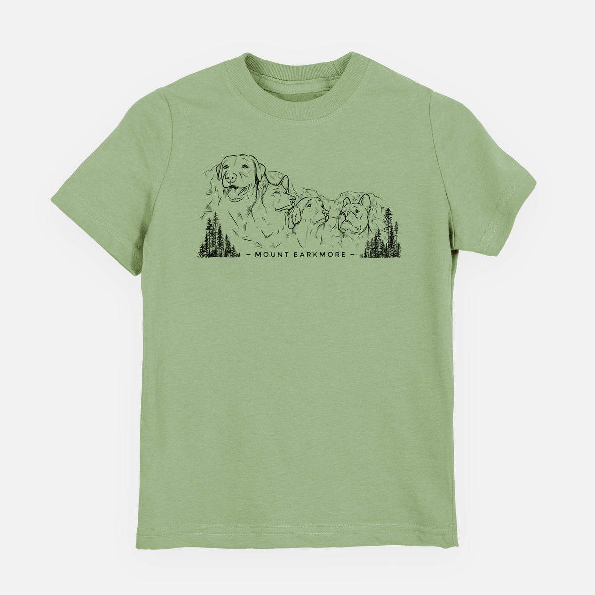 Sage green youth t-shirt laid flat, printed with a black ink illustration of four dog faces carved into a mountain, with the words Mount Barkmore.