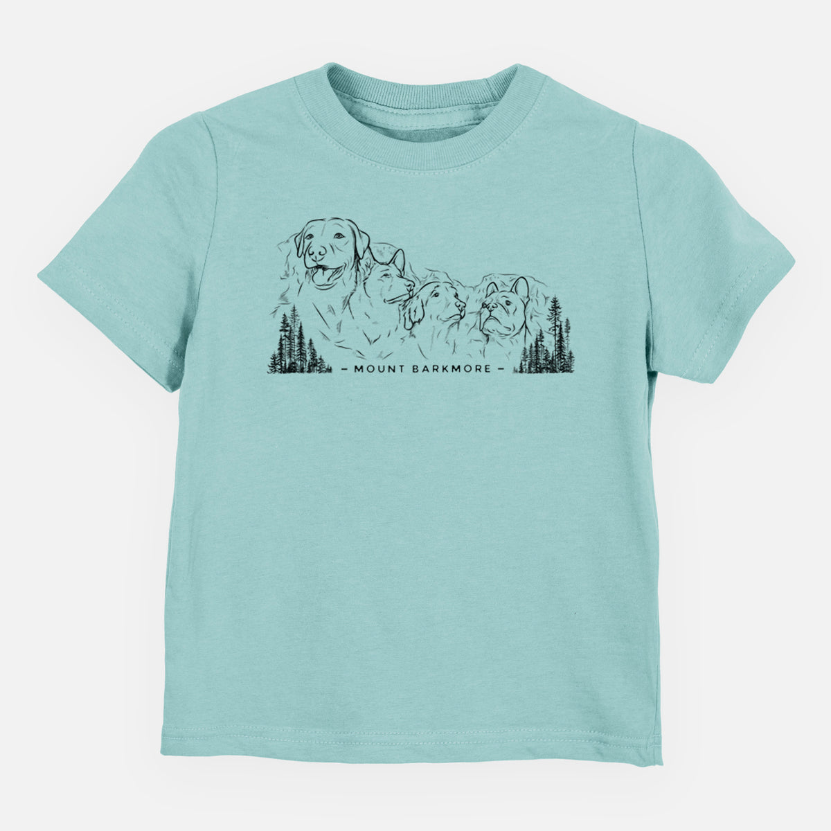 Saltwater toddler t-shirt laid flat, printed with a black ink illustration of four dog faces carved into a mountain, with the words Mount Barkmore.