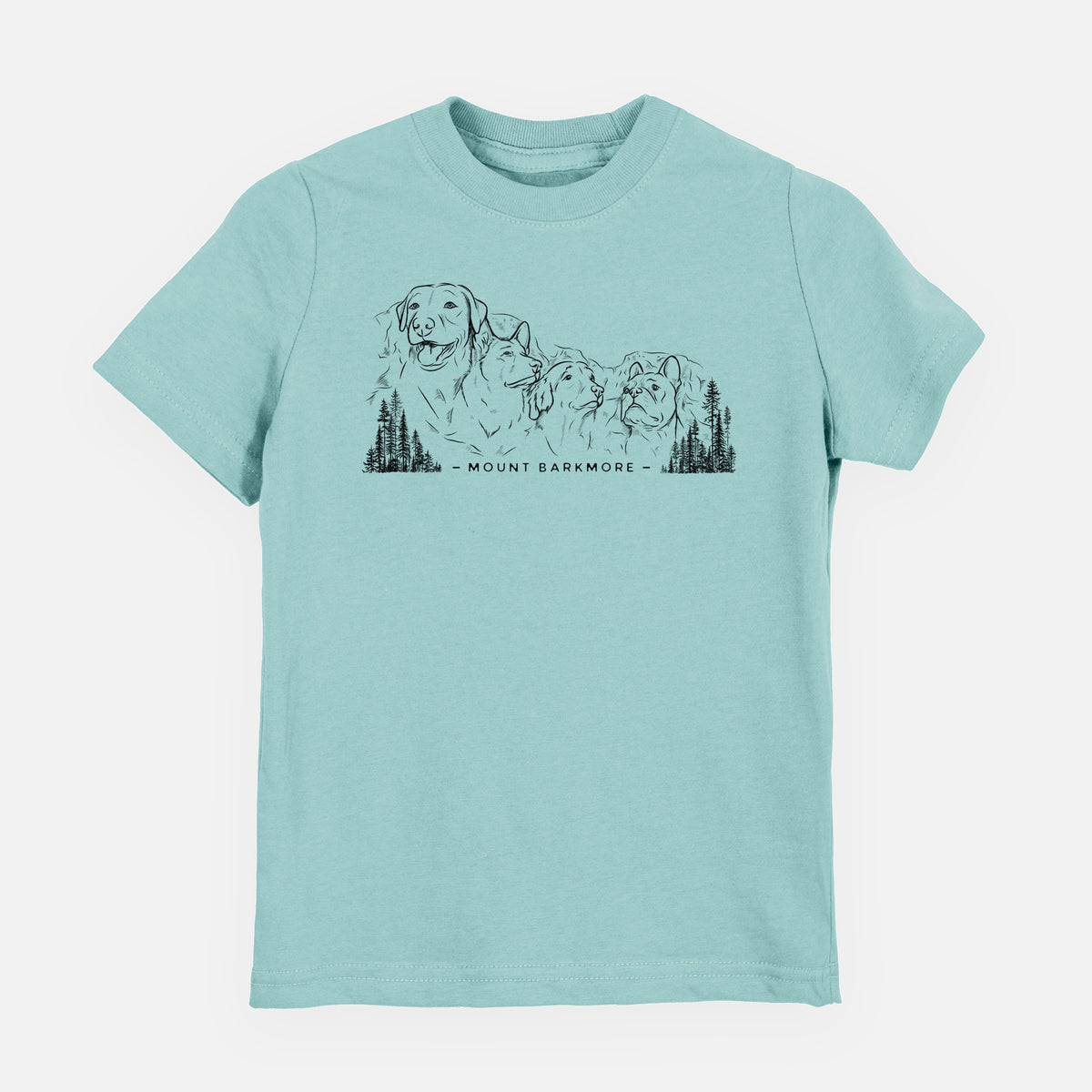 Saltwater youth t-shirt laid flat, printed with a black ink illustration of four dog faces carved into a mountain, with the words Mount Barkmore.