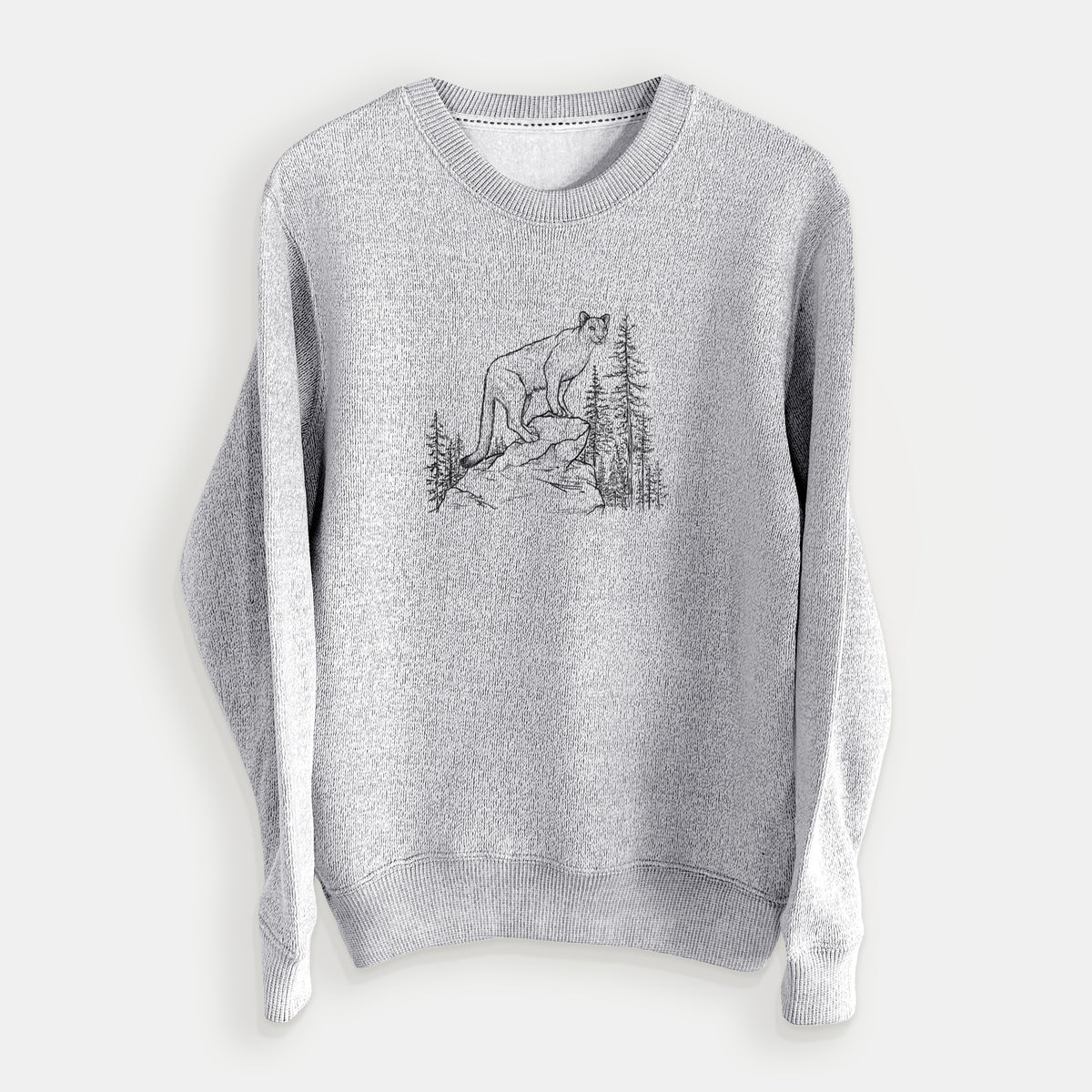 Salt and pepper knit sweatshirt laid flat, printed with a black ink illustration of a mountain lion standing on a rocky ledge among pine trees.