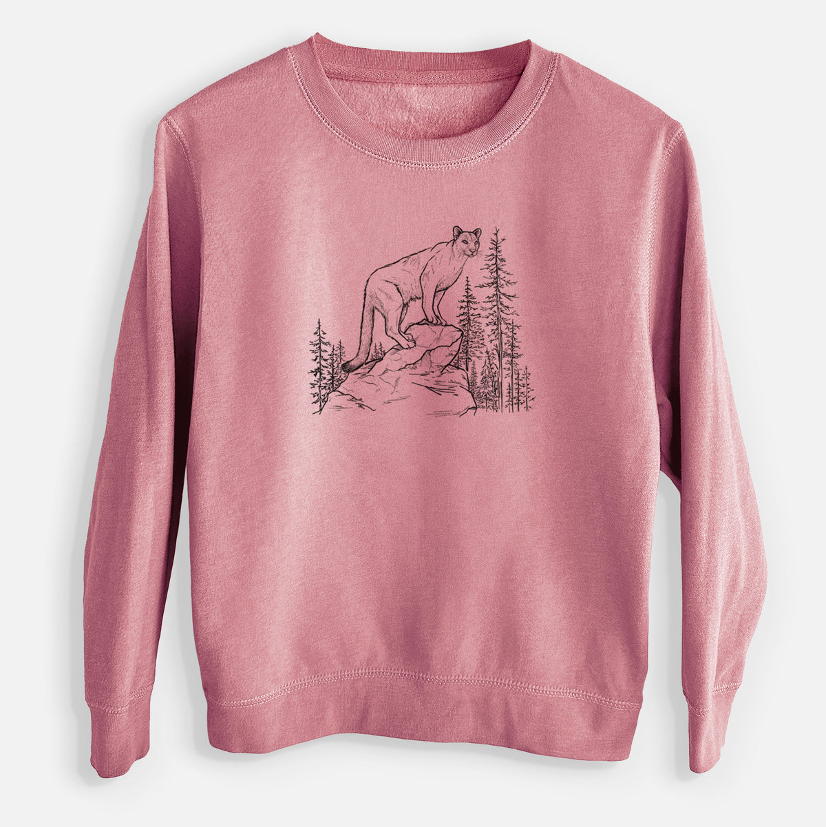 Mauve pink youth crewneck sweatshirt laid flat, printed with a black ink illustration of a mountain lion standing on a rocky ledge among pine trees.