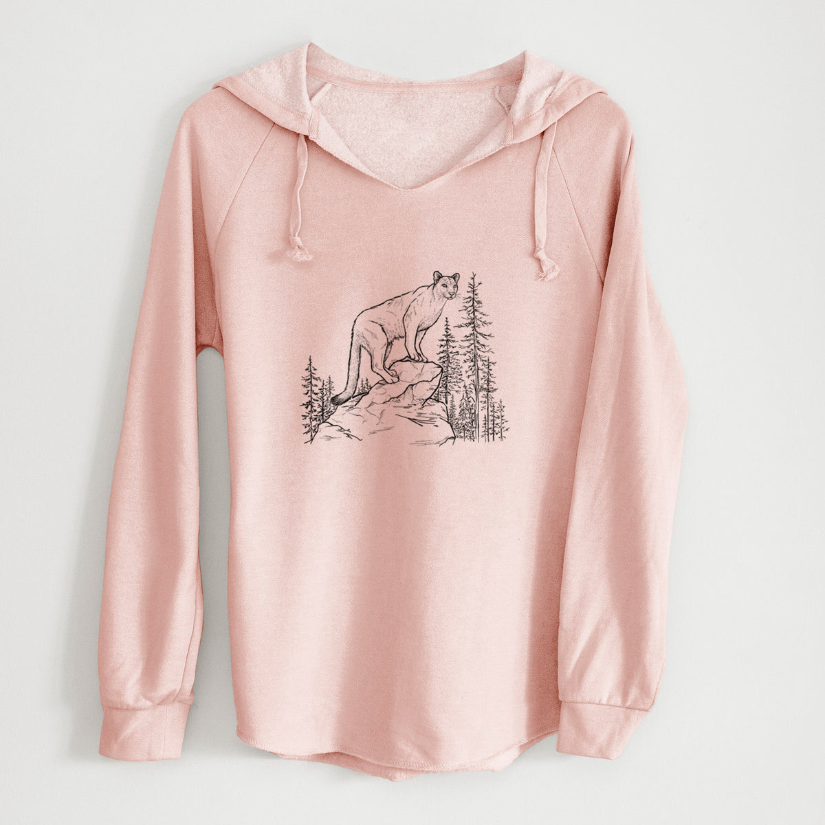 Blush pink women's Cali Wave hooded sweatshirt laid flat, printed with a black ink illustration of a mountain lion standing on a rocky ledge among pine trees.
