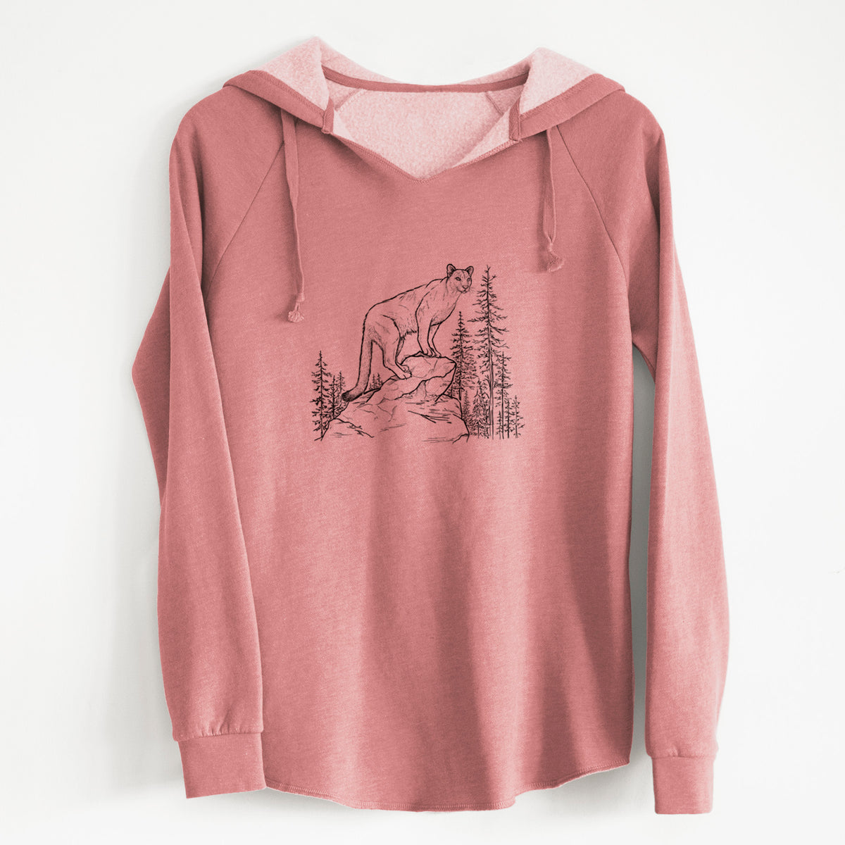 Dusty rose women's Cali Wave hooded sweatshirt laid flat, printed with a black ink illustration of a mountain lion standing on a rocky ledge among pine trees.