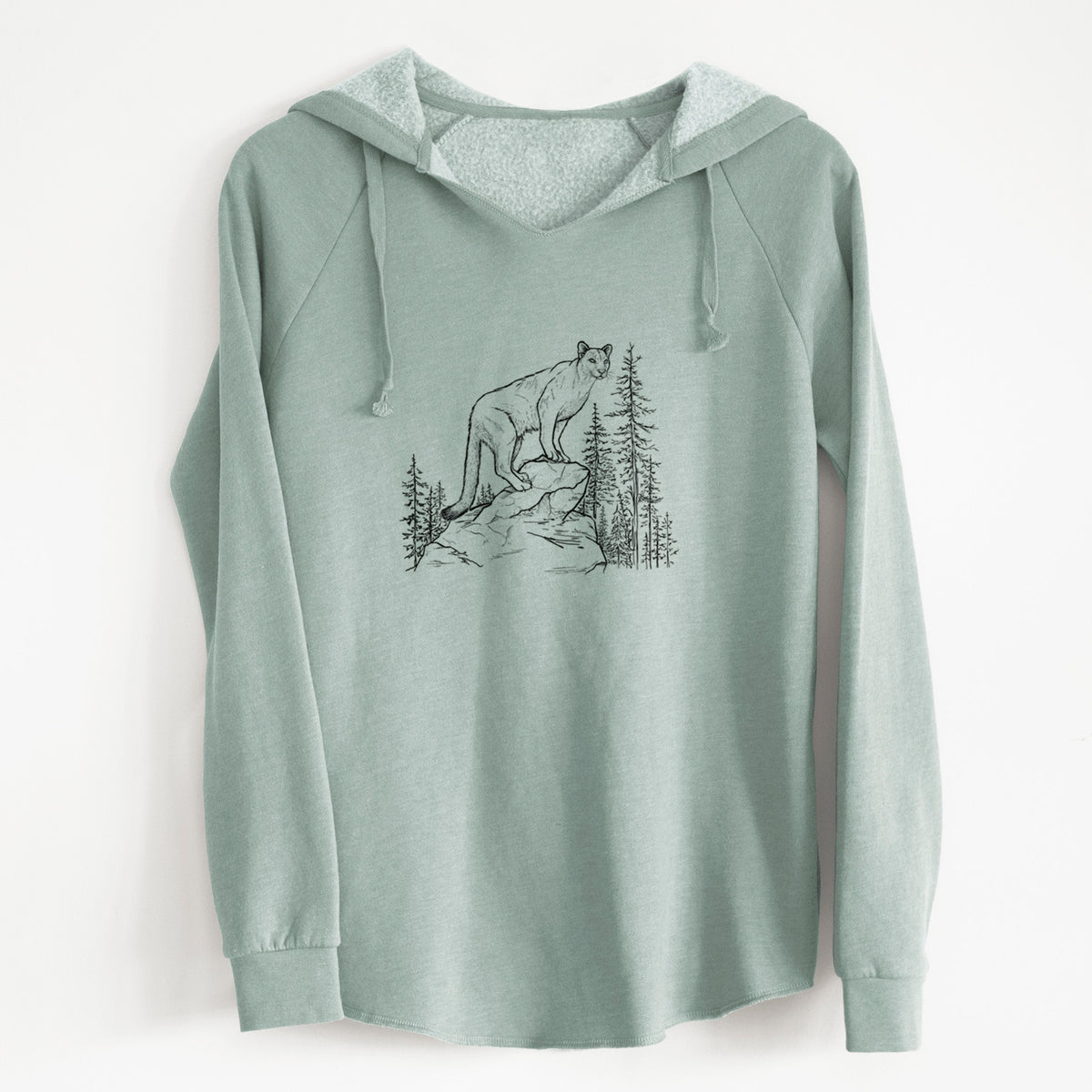 Sage green women's Cali Wave hooded sweatshirt laid flat, printed with a black ink illustration of a mountain lion standing on a rocky ledge among pine trees.