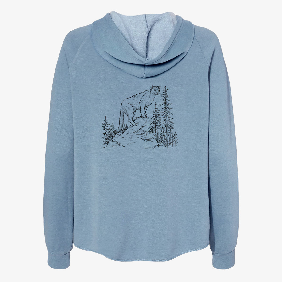 Misty blue women's Cali Wave zip-up sweatshirt laid flat, printed with a black ink illustration of a mountain lion standing on a rocky ledge among pine trees.