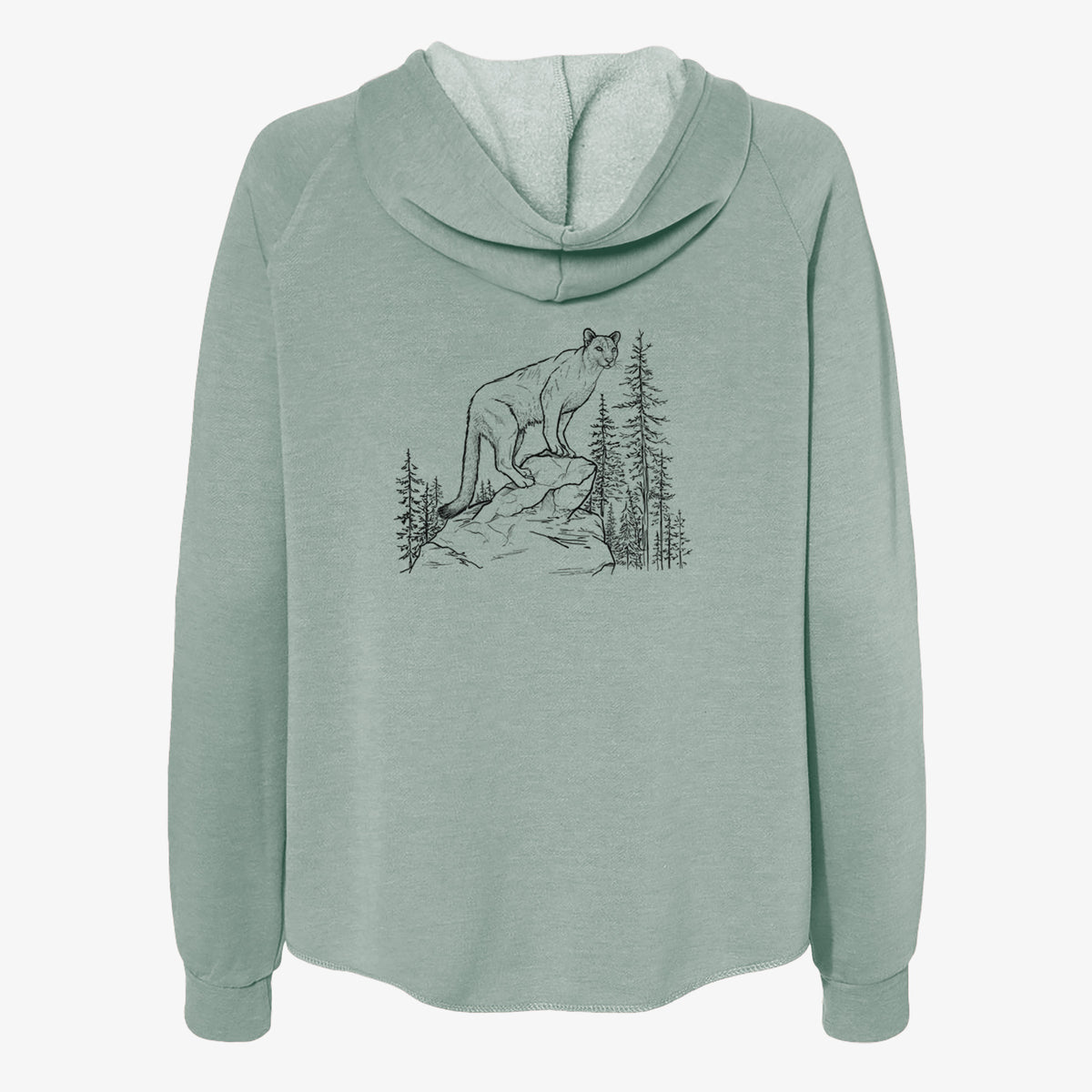 Sage green women's Cali Wave zip-up sweatshirt laid flat, printed with a black ink illustration of a mountain lion standing on a rocky ledge among pine trees.