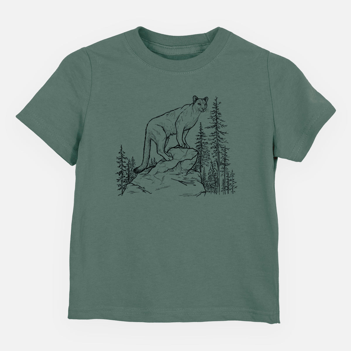 Basil green toddler t-shirt laid flat, printed with a black ink illustration of a mountain lion standing on a rocky ledge among pine trees.