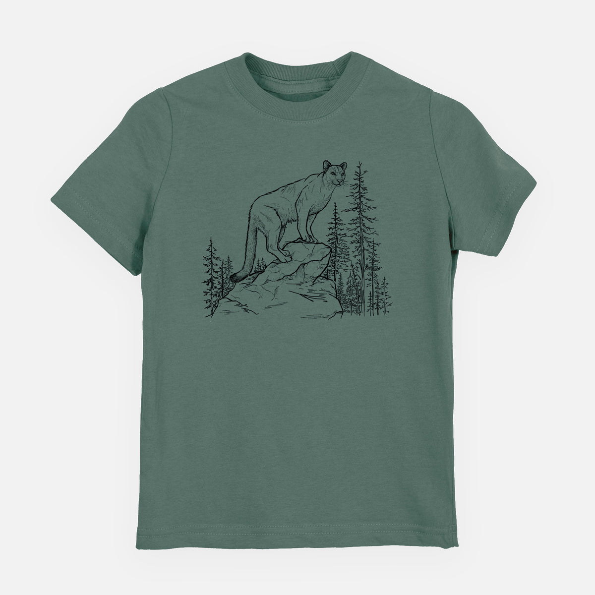 Basil green youth t-shirt laid flat, printed with a black ink illustration of a mountain lion standing on a rocky ledge among pine trees.