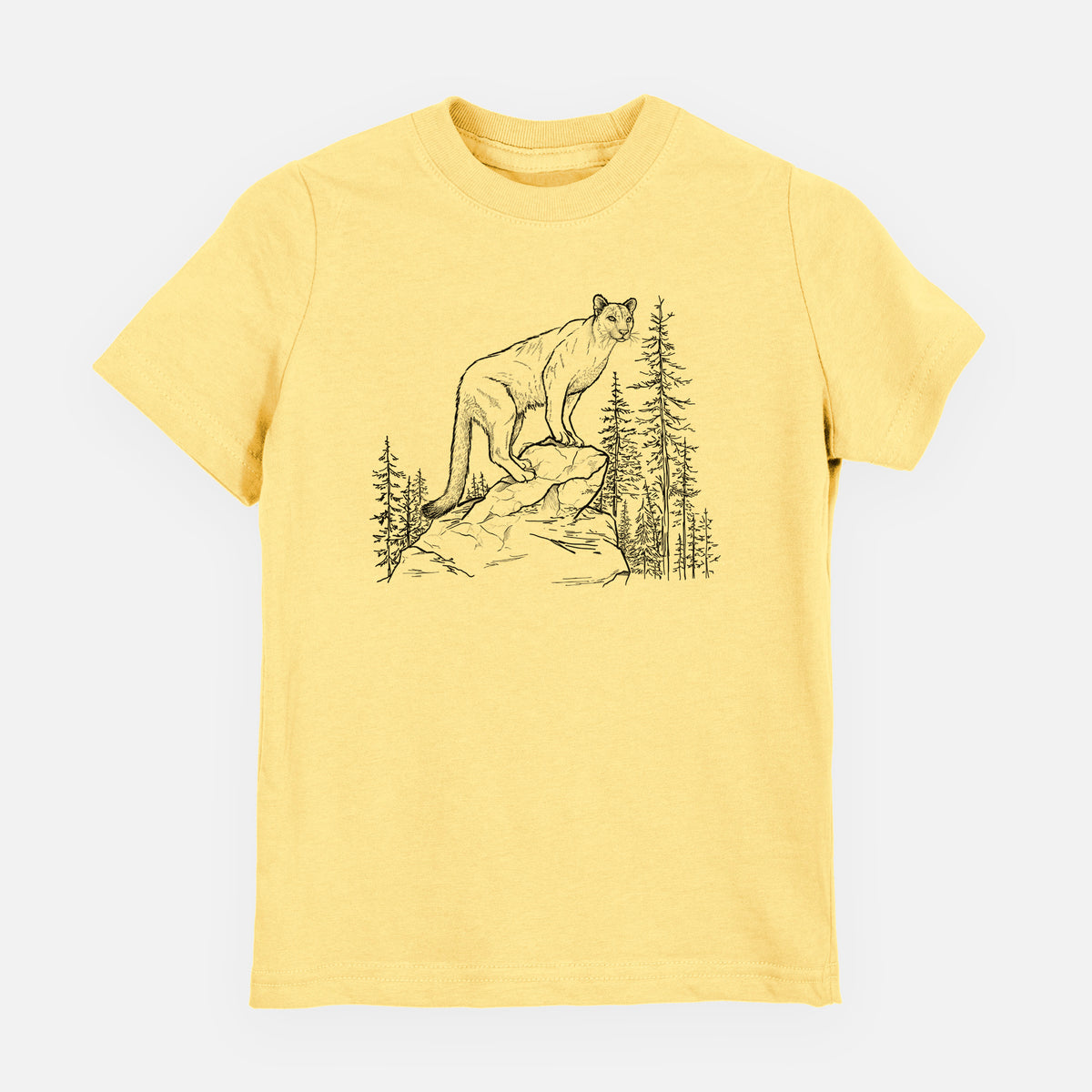 Butter yellow youth t-shirt laid flat, printed with a black ink illustration of a mountain lion standing on a rocky ledge among pine trees.