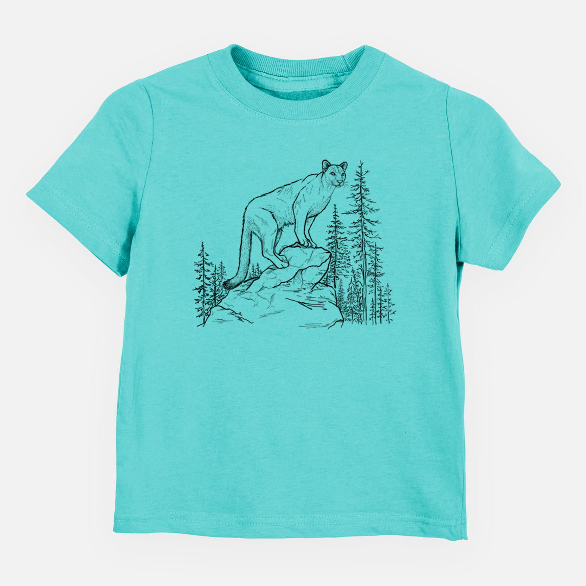 Caribbean blue toddler t-shirt laid flat, printed with a black ink illustration of a mountain lion standing on a rocky ledge among pine trees.