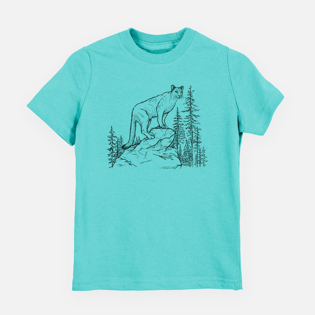 Caribbean blue youth t-shirt laid flat, printed with a black ink illustration of a mountain lion standing on a rocky ledge among pine trees.