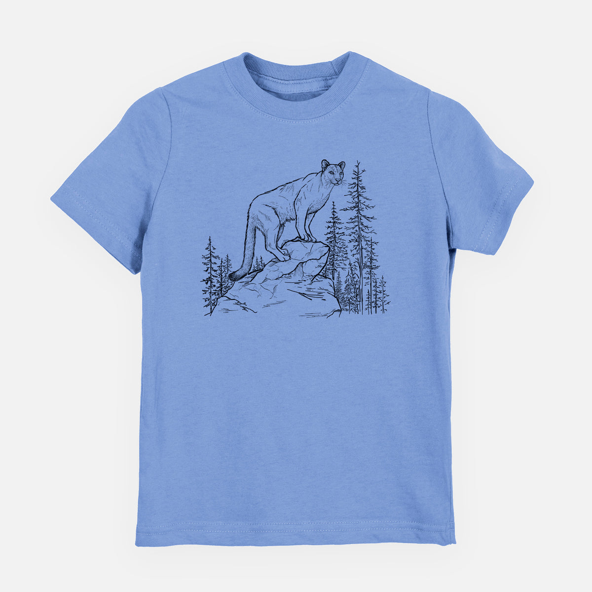 Carolina blue youth t-shirt laid flat, printed with a black ink illustration of a mountain lion standing on a rocky ledge among pine trees.