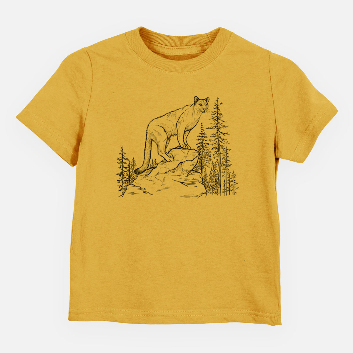 Honeycomb yellow toddler t-shirt laid flat, printed with a black ink illustration of a mountain lion standing on a rocky ledge among pine trees.