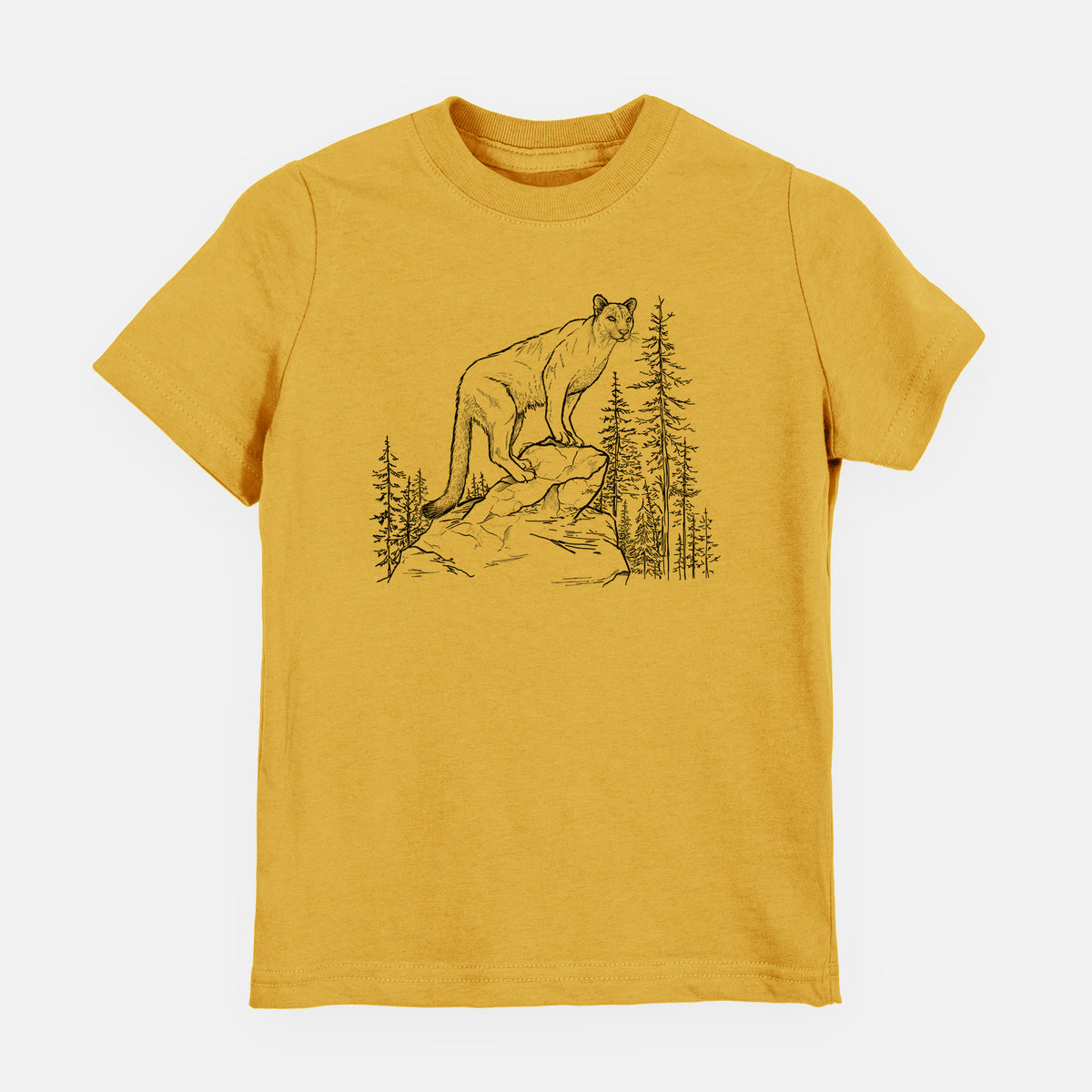 Honeycomb yellow youth t-shirt laid flat, printed with a black ink illustration of a mountain lion standing on a rocky ledge among pine trees.