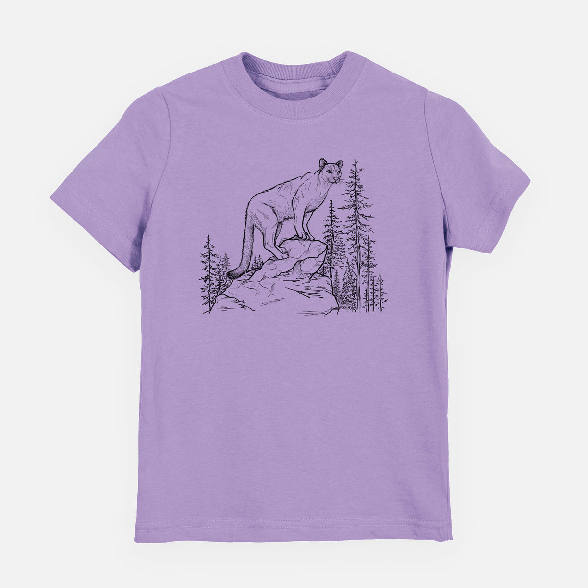 Lavender youth t-shirt laid flat, printed with a black ink illustration of a mountain lion standing on a rocky ledge among pine trees.
