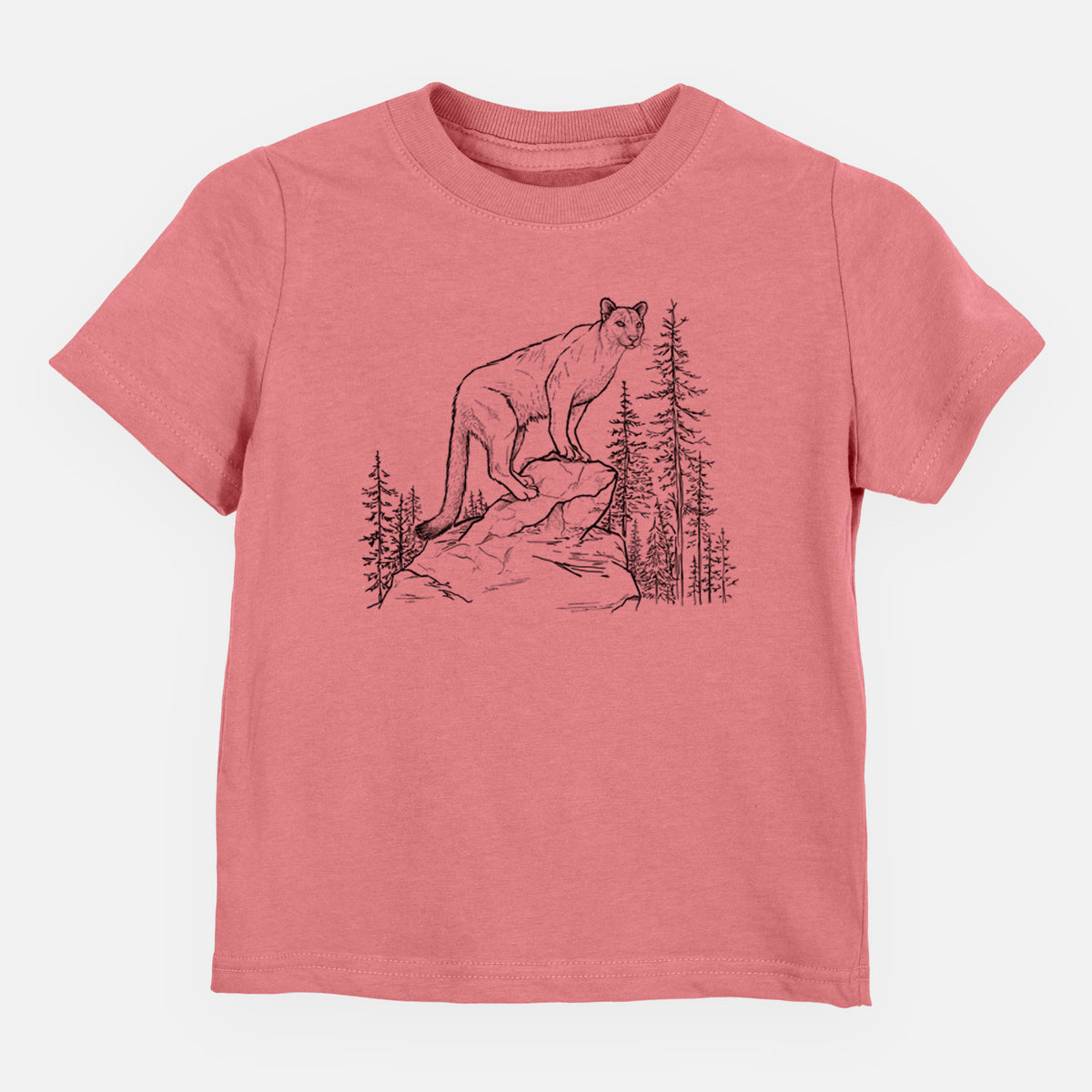 Mauve pink toddler t-shirt laid flat, printed with a black ink illustration of a mountain lion standing on a rocky ledge among pine trees.