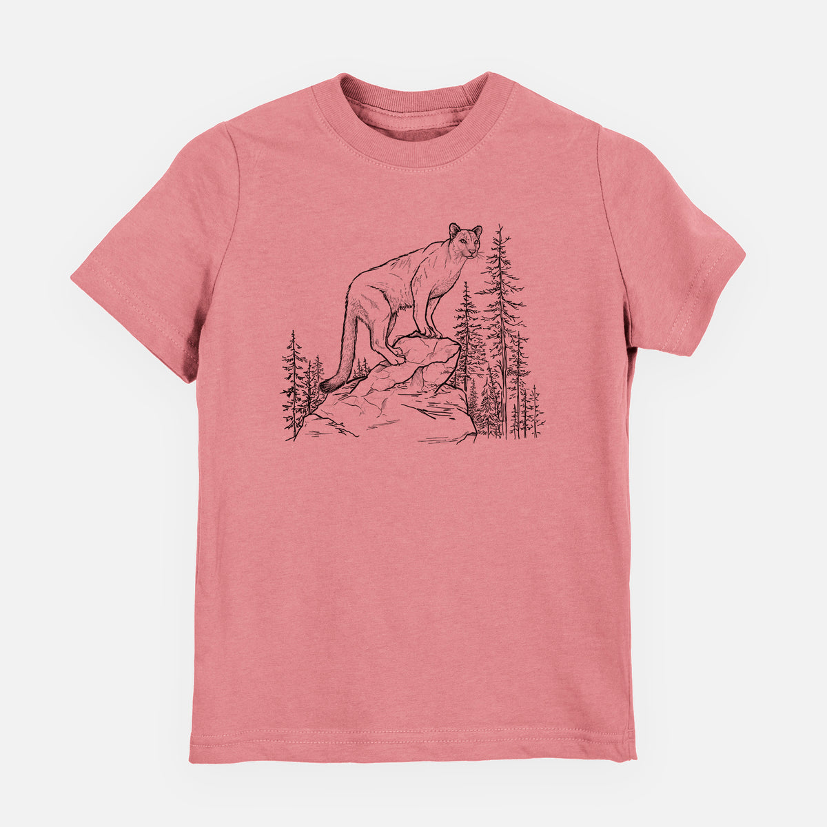 Mauve pink youth t-shirt laid flat, printed with a black ink illustration of a mountain lion standing on a rocky ledge among pine trees.