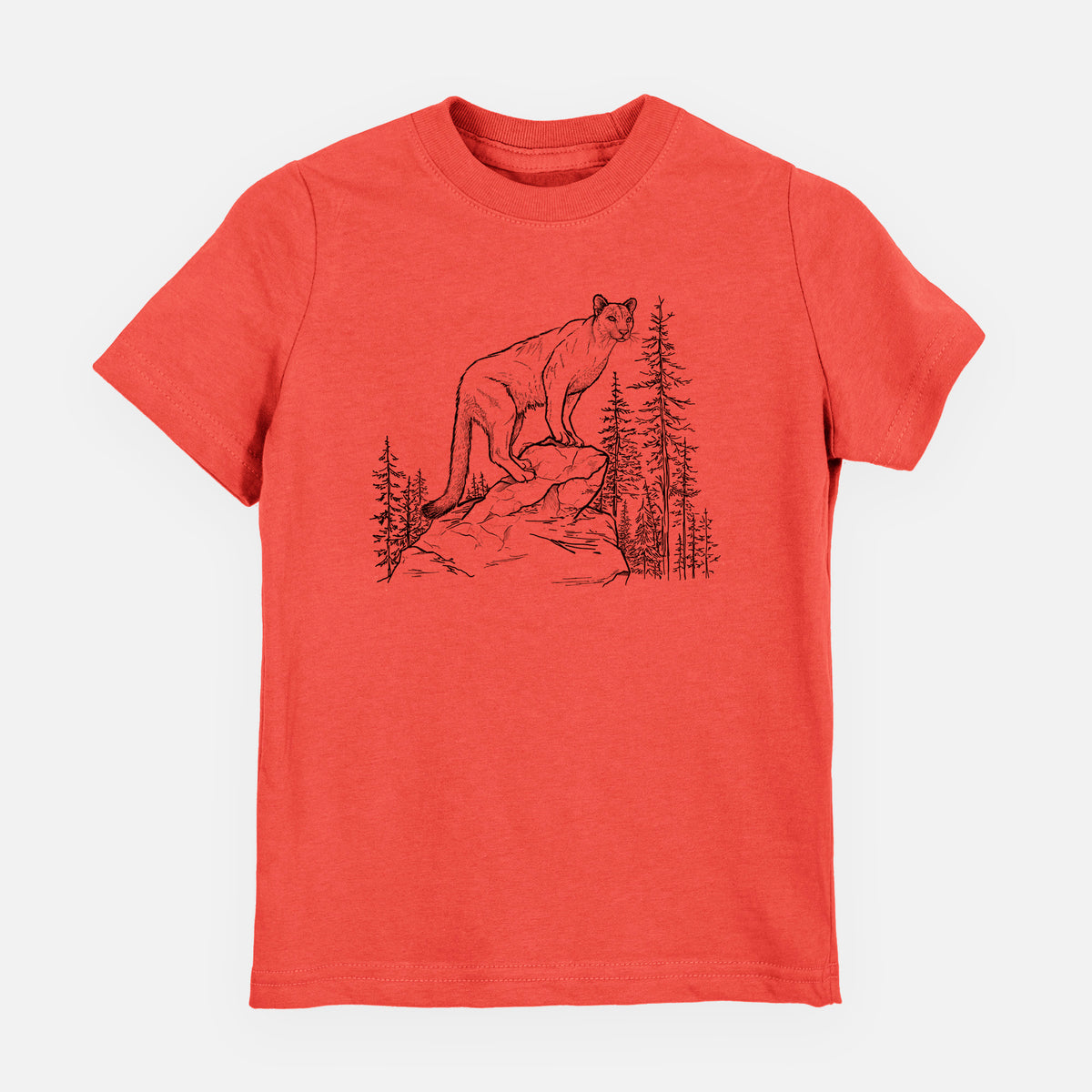 Passionfruit pink youth t-shirt laid flat, printed with a black ink illustration of a mountain lion standing on a rocky ledge among pine trees.