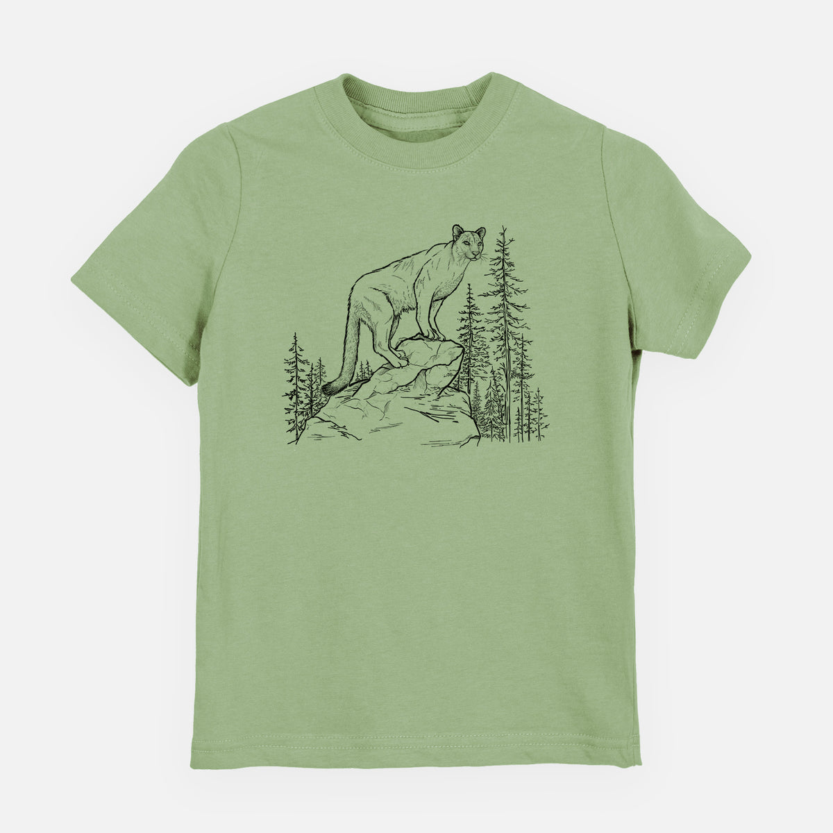 Sage green youth t-shirt laid flat, printed with a black ink illustration of a mountain lion standing on a rocky ledge among pine trees.