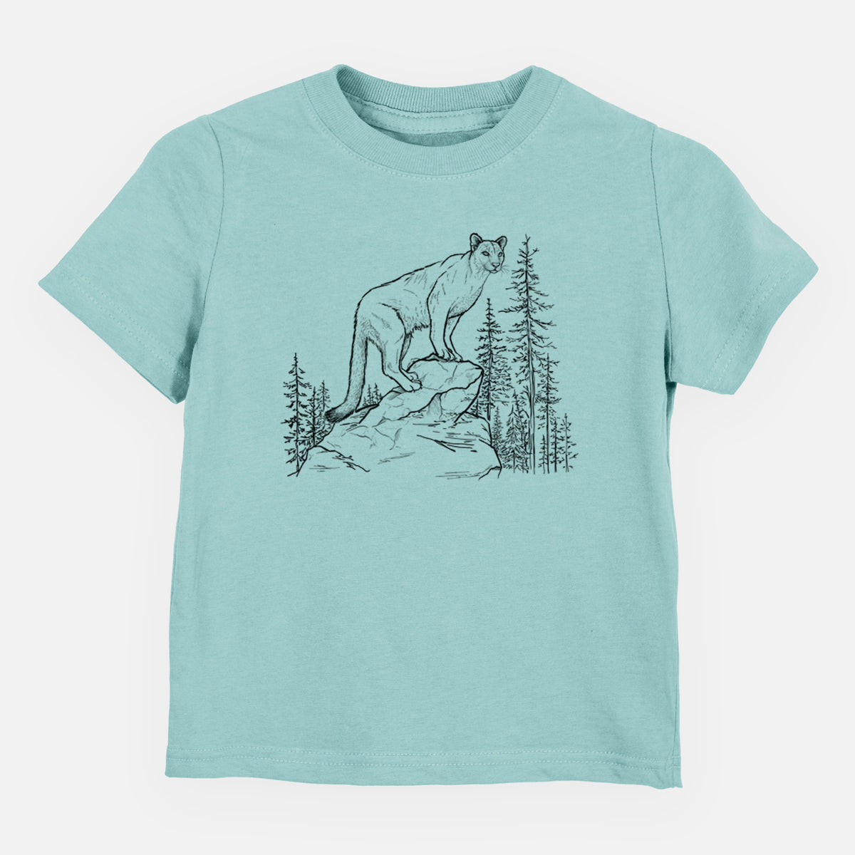 Saltwater toddler t-shirt laid flat, printed with a black ink illustration of a mountain lion standing on a rocky ledge among pine trees.