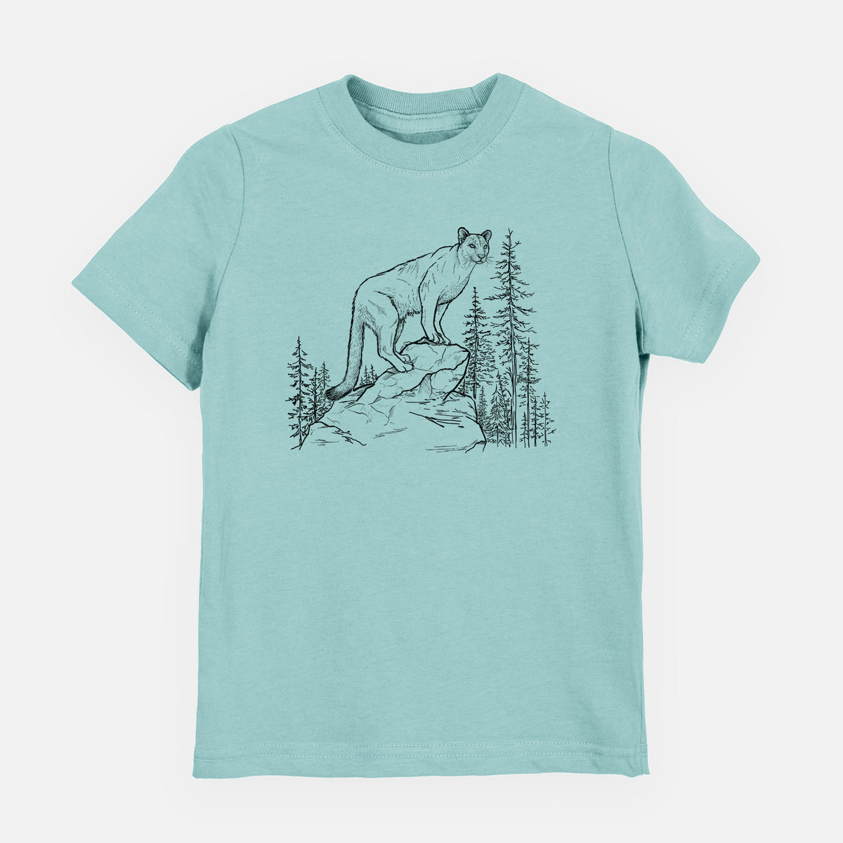 Saltwater youth t-shirt laid flat, printed with a black ink illustration of a mountain lion standing on a rocky ledge among pine trees.