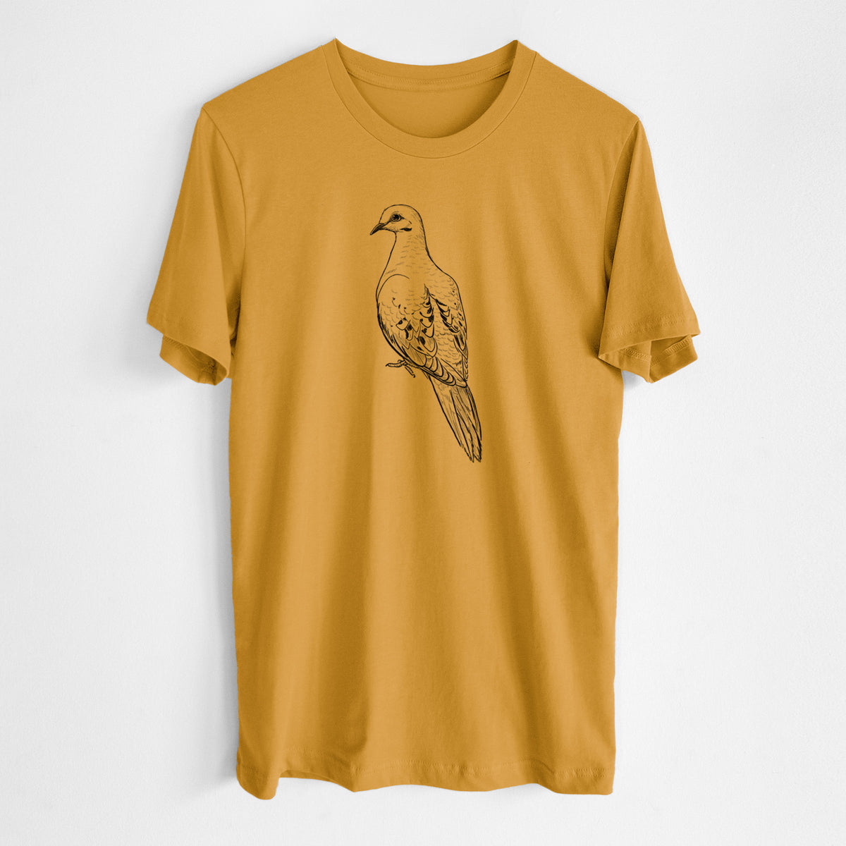 Honeycomb yellow lightweight cotton t-shirt laid flat, printed with a detailed black ink sketch of a mourning dove perched.