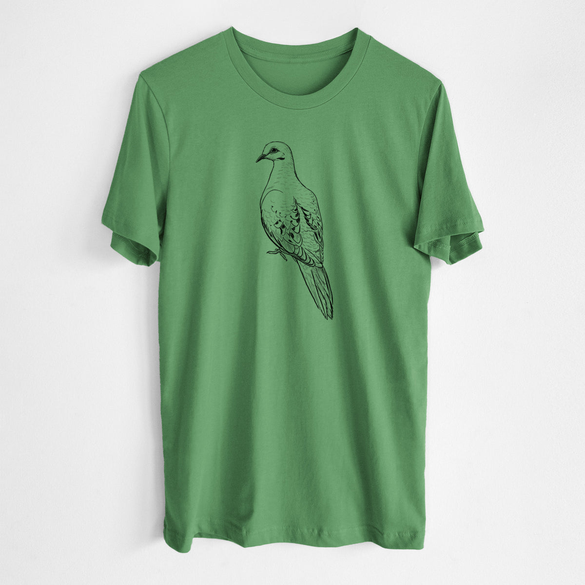 Leaf green lightweight cotton t-shirt laid flat, printed with a detailed black ink sketch of a mourning dove perched.
