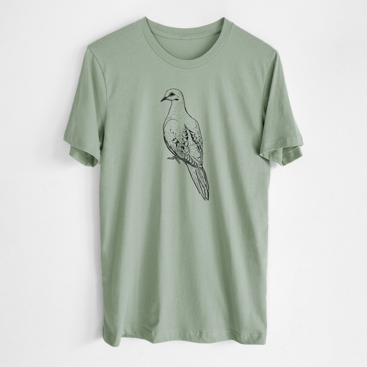 Sage green lightweight cotton t-shirt laid flat, printed with a detailed black ink sketch of a mourning dove perched.