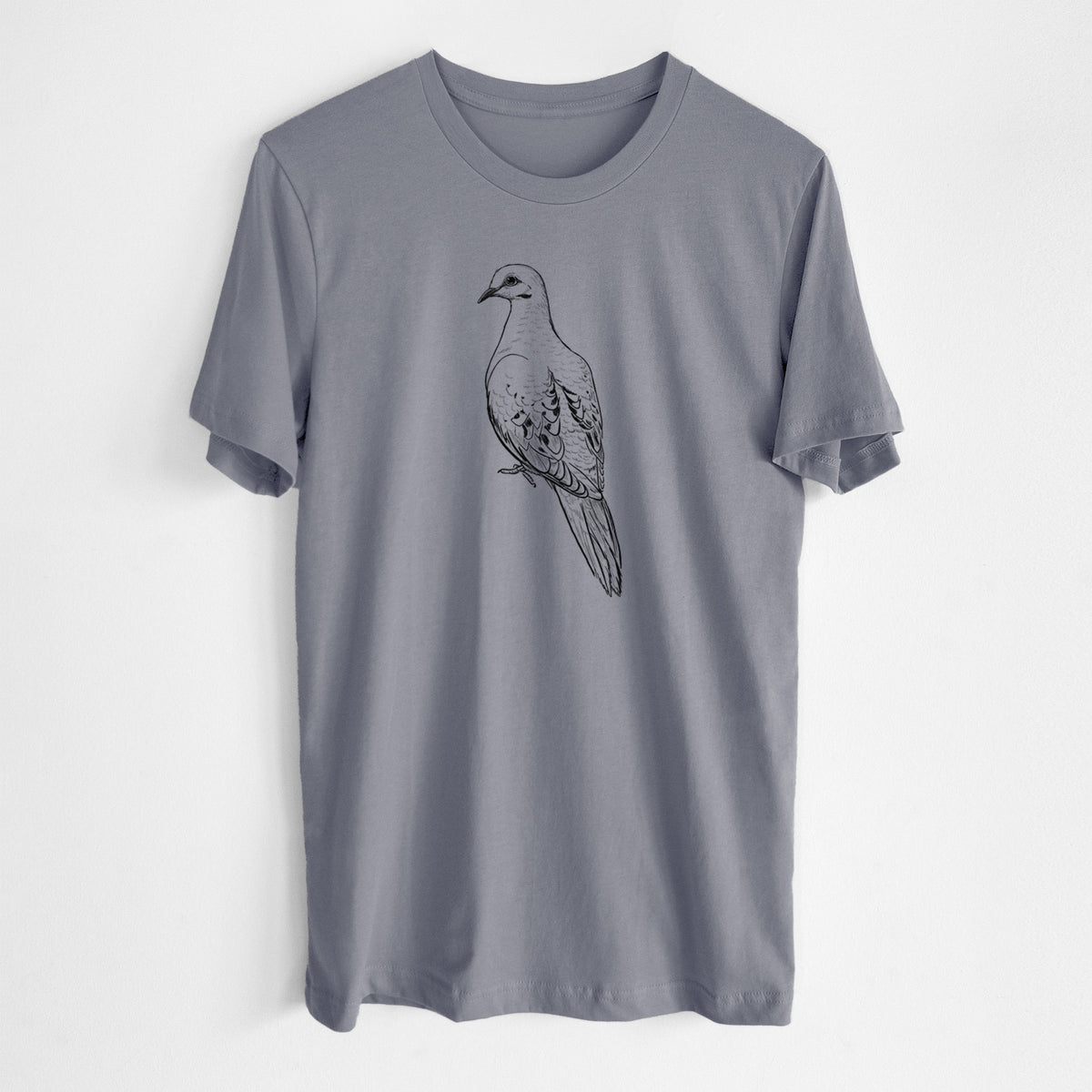 Storm grey lightweight cotton t-shirt laid flat, printed with a detailed black ink sketch of a mourning dove perched.