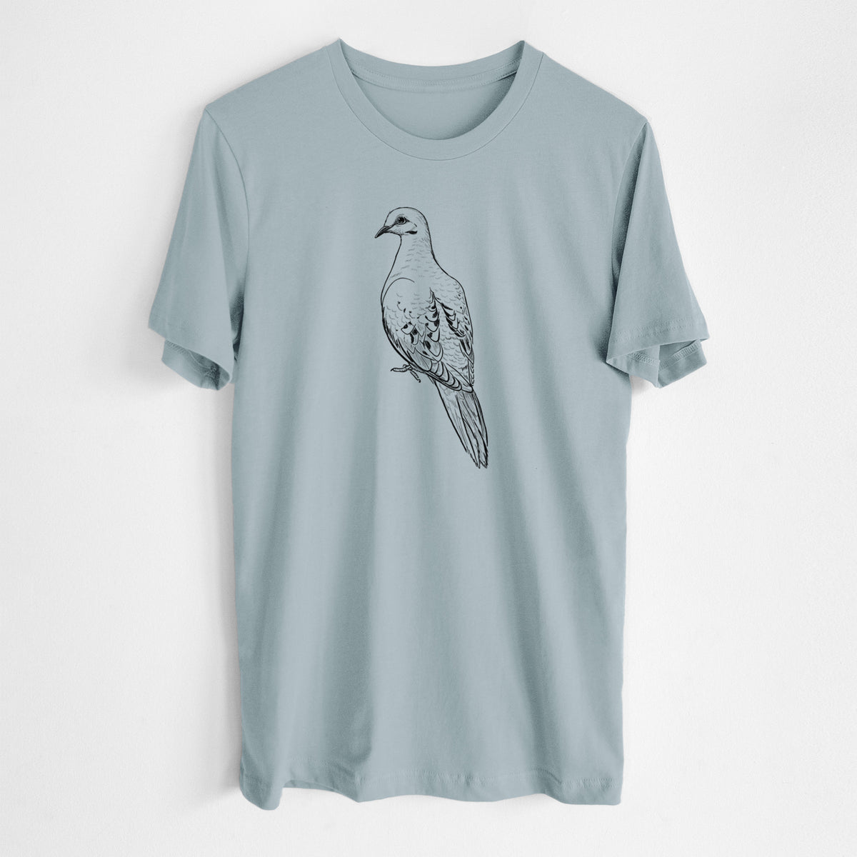 Vintage denim lightweight cotton t-shirt laid flat, printed with a detailed black ink sketch of a mourning dove perched.