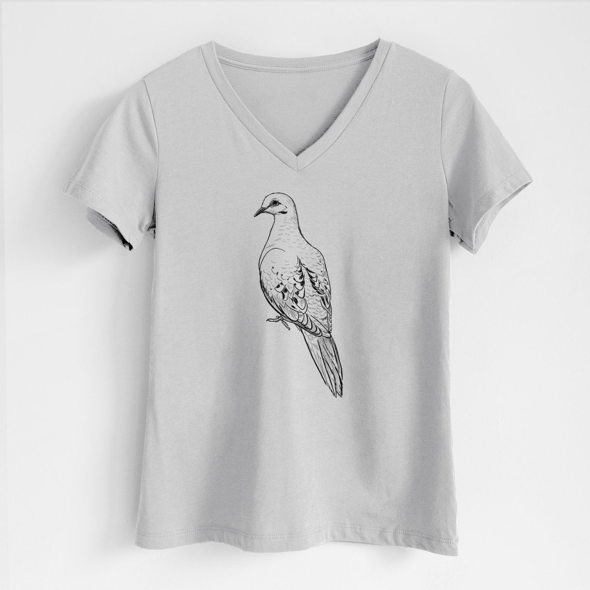 Lunar grey women's relaxed fit cotton V-neck t-shirt laid flat, printed with a detailed black ink sketch of a mourning dove perched.