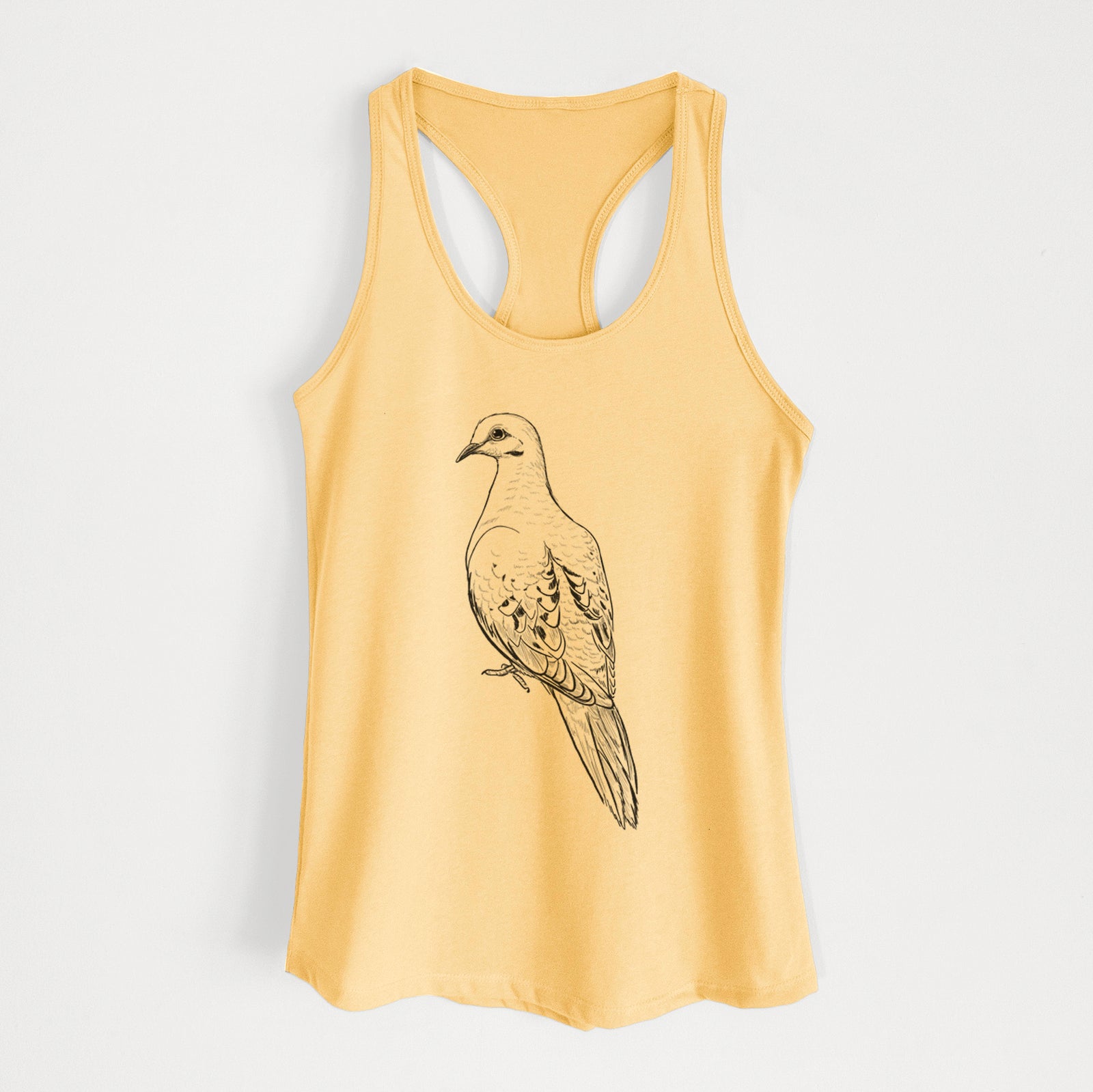 Banana cream women's racerback tank top laid flat, printed with a detailed black ink sketch of a mourning dove perched.