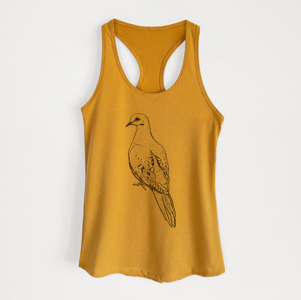 Gold women's racerback tank top laid flat, printed with a detailed black ink sketch of a mourning dove perched.
