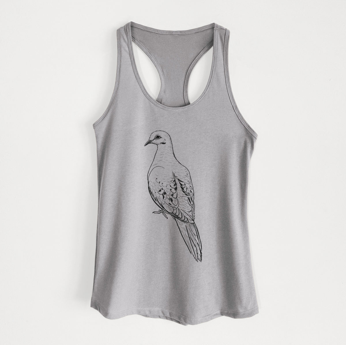 Heather grey women's racerback tank top laid flat, printed with a detailed black ink sketch of a mourning dove perched.