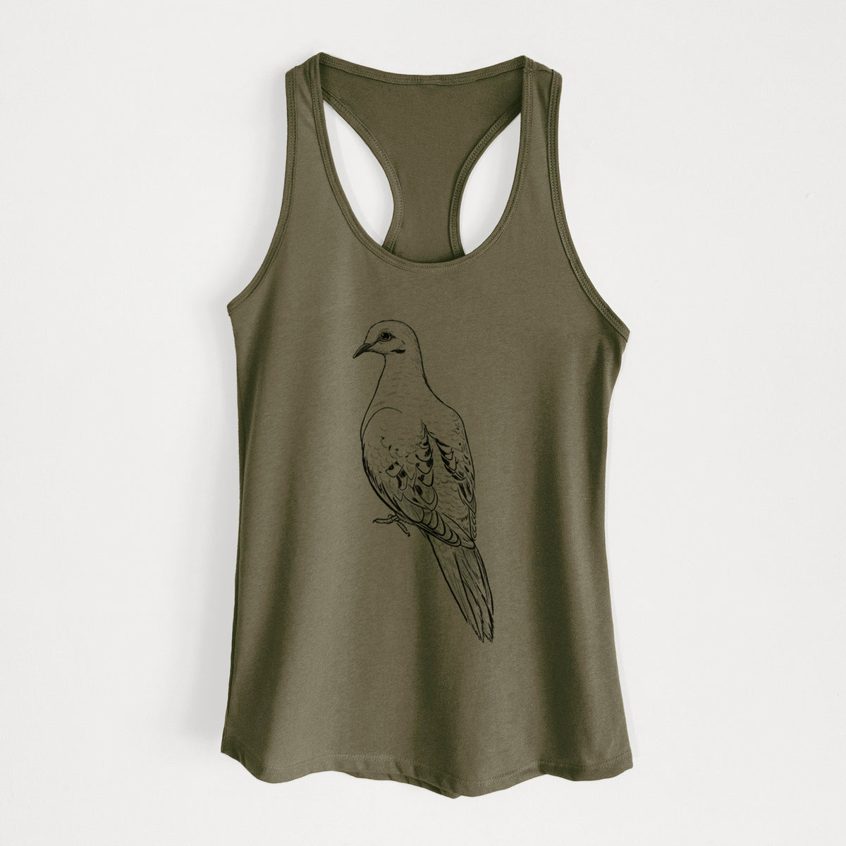 Military green women's racerback tank top laid flat, printed with a detailed black ink sketch of a mourning dove perched.